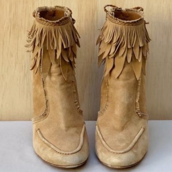 Aquazzura Beige Suede Ankle Booties / Boots - With Fringe - Size 8 - Picture 5 of 6